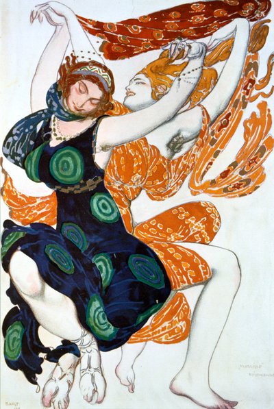 Két Bacchantes, jelmezterve a Ballets Russes Tcherepnins Narcisse című produkciójához, 1911 alkotó: Leon Bakst