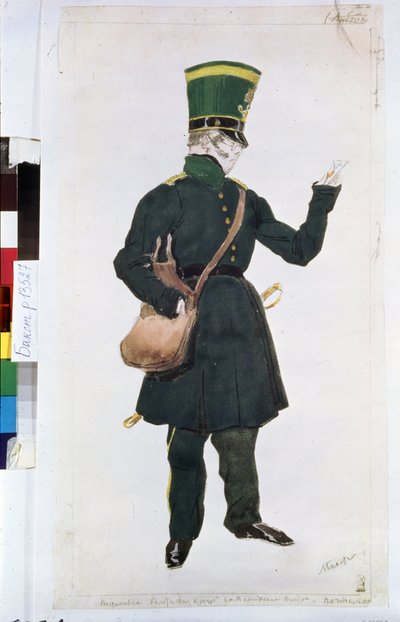 a postás jelmez a "La fee des poupees" című baletthez, Bayer Joseph (1852-1913) rendezésében alkotó: Leon Bakst