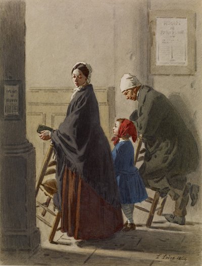 Férfi, nő és lány imában a templomban, 1864 (wc és grafit papíron) alkotó: Leon Henri Antoine Loire