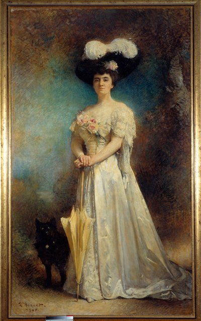 Madame Maurice Pascal és kutyájának egészalakos portréja. Apró festmény, Leon Joseph Bonnat (1833-1922) 1905 V. 2,17x0,9 m Pau, képzőművészeti múzeum - Madame Maurice Pascal és kutyájának, Tinynek teljes alakos portréja. Leon Joseph Bonnat festménye (1833- alkotó: Leon Joseph Florentin Bonnat