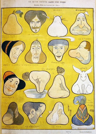 Humoros arc-, ember- és állatábrázolások, amelyek körte alakban találhatók meg alkotó: Leon Lebegue