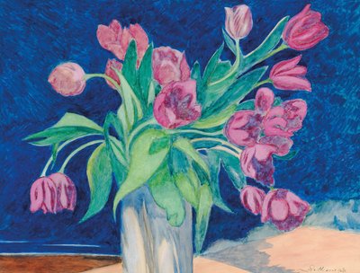 Rózsaszín tulipánok vázában, háttérben tengeri táj dűnékkel, 1935. alkotó: Leon Spilliaert
