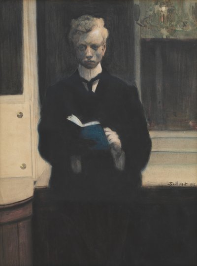 Önarckép kék vázlatfüzettel alkotó: Leon Spilliaert