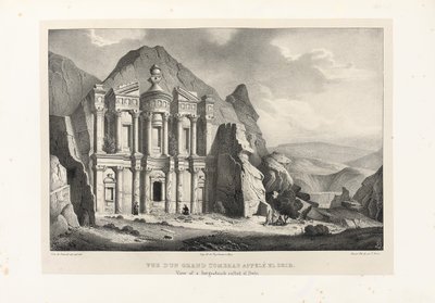 Kilátás az El Deir nevű nagy sírra, Petra, 1830 alkotó: Leon de Laborde