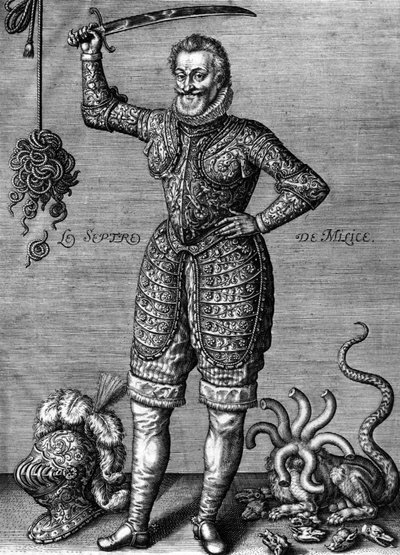 IV. Henrik (1553-1610) francia király 1589-1610-ben, itt páncélt visel, kardot tart a kezében, mint a jogsértések jogosítója, Leonard Gaultier metszet alkotó: Leonard Gaultier