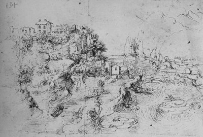 Folyó csatornával a mellett és vár a dombon, c1480 1945 alkotó: Leonardo da Vinci