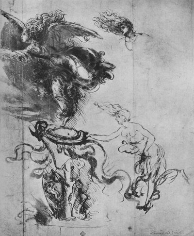 Egy angyal pajzsot helyez egy trófeára és külön tanulmányok az angyalról, c1480 1945 alkotó: Leonardo da Vinci