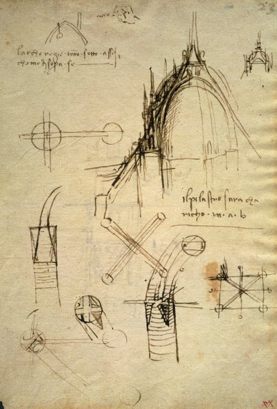 A milánói dóm építészeti részletei és kupolaszelvénye, a Code Trivulzianus f41. alkotó: Leonardo da Vinci