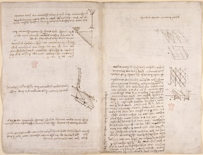 Arundel 263, f.120v, f.121 Megjegyzések és diagramok a mechanikáról, a folyadékok sebességéről, c.1503-6 (toll és tinta papíron) alkotó: Leonardo da Vinci