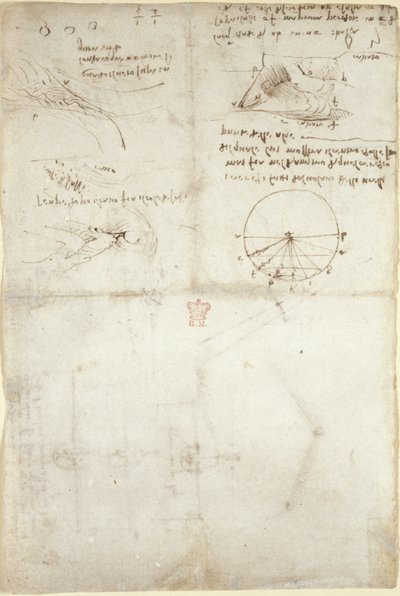 Arundel 263, f.126v Három jegyzet és vázlat a vízről; diagram a madarak repüléséről, 1500-5 körül (toll és tinta papíron) alkotó: Leonardo da Vinci