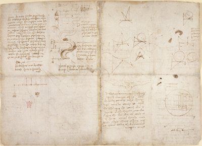 Arundel 263, f.135v, f.134, Megjegyzések és diagramok a mechanikáról; jegyzetek és vázlatos vázlatok a folyók folyásáról és a vízfolyásról, a Codex Arundelből, 1503 körül (toll és tinta papíron) alkotó: Leonardo da Vinci