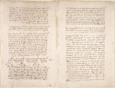 Arundel 263, f.218v, f.215 Jegyzetek és diagramok a Codex Arundel-ből (toll és tinta papíron) alkotó: Leonardo da Vinci