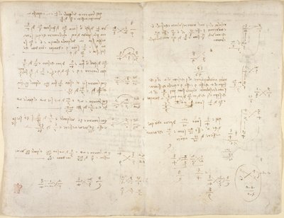 Arundel 263, f.220v, f.221, Jegyzetek; matematikai számítások, „Codex Arundel” (toll és tinta papíron) alkotó: Leonardo da Vinci