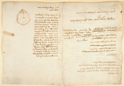 Arundel 263 f.236v, f.233 Megjegyzések a vízről; vázlat, amely a földgömböt illusztrálja, a Codex Arundelből (toll és tinta papíron) alkotó: Leonardo da Vinci