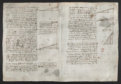 Arundel 263, f.246v Rajzok a mechanikai erőkről, az ütőhangszerekről, a gravitációról, a mozgásról, az optikáról és a csillagászatról, különféle számtani és geometriai kijelentésekkel, illusztráció Leonardo „Figyeletek könyvéből” (tinta papíron) alkotó: Leonardo da Vinci