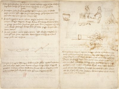 Arundel 263, f.260v Öt módszer különféle ragasztók előállítására és a vas lágyítási folyamata, a „Codex Arundel” (toll és tinta papíron) nyers vázlatai kíséretében (nem Leonardo kezében) alkotó: Leonardo da Vinci