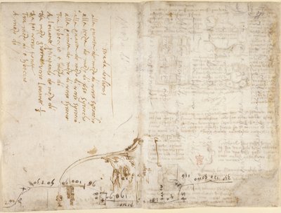 Arundel 263, f.263v, f.270 Feljegyzés és vázlat, amely leírja az „Orléansba vezető út” útvonalát Romorantin városából (Francesco Melzi) (oldalról), a „Codex Arundel”-ből (toll és tinta papíron ) alkotó: Leonardo da Vinci