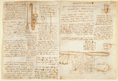 Arundel 263 f.269v, f.264 Jegyzetek és vázlatok egy hidraulikus eszközön, a Codex Arundel-től (toll és tinta papíron) alkotó: Leonardo da Vinci