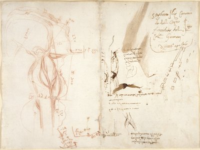 Arundel 263, f.275v, f.274 Az Arno folyó síkbeli vázlata; megjegyzések a távolságokról és az irányokról alkotó: Leonardo da Vinci