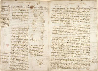 Arundel 263, f.279v f.280, Jegyzetek, matematikai számítások és „prespectiva” című diagram a „maró” piramisokról, mechanikáról (Arkhimédészre hivatkozva), csillagászatról és mechanikáról, 1515 körül (toll és tinta papíron) alkotó: Leonardo da Vinci