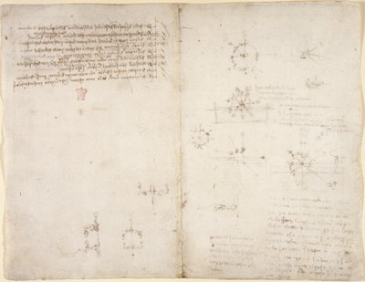 Arundel 263, f.35v, f.34 Rajzok a mechanikai erőkről, ütőhangszerekről, gravitációról, mozgásról, optikáról és csillagászatról, különféle számtani és geometriai tételekkel. alkotó: Leonardo da Vinci