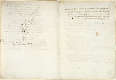 Arundel 263 f.45v, f.58 Optikai diagramok Alhazen problémájára vonatkozó magyarázó megjegyzéssel, a Codex Arundel-ből (toll és tinta papíron) alkotó: Leonardo da Vinci