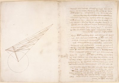 Arundel 263, f.46v, f.57 ábra az optikáról, Alhazen problémájával kapcsolatban, a Codex Arundel-ből (toll és tinta papíron) alkotó: Leonardo da Vinci