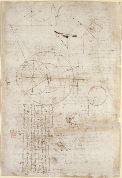 Arundel 263, f.95v Megjegyzések és ábrák az optikáról, Alhazen problémájával kapcsolatban; két rácsszerkezetet ábrázoló vázlat, „Codex Arundel”, c.1506-08 (toll és tinta papíron) alkotó: Leonardo da Vinci