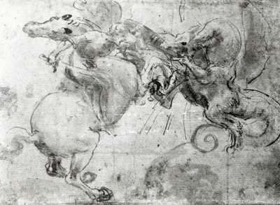 Harc egy lovas és egy sárkány között, 1482 körül (toll aláhúzás, toll és ecset papíron) alkotó: Leonardo da Vinci