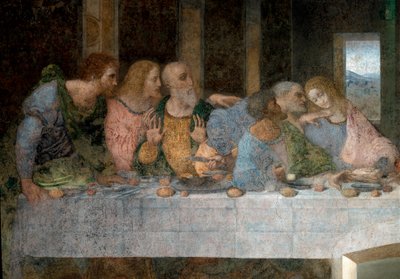 A La Cene (Il Cenacolo (Ultima Cena)) részlete, amely balról jobbra Szent Barthelemy apostolt, Jakabot, Alphee fiát, Andreát, Júdást, Pétert és Jánost ábrázolja. 1495 - 1498. Leonardo da Vinci (Leonardo da Vinci) freskója. Santa Maria delle gra refektórium alkotó: Leonardo da Vinci