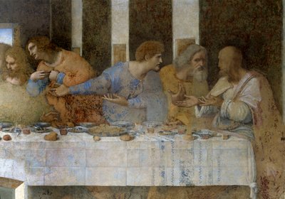 A La Vacsora (Il Cenacolo (Utolsó vacsora)) részlete, amely balról jobbra Tamás, őrnagy Jakab, Fülöp, Máté, Tádé Júdás és zelóta Simon apostolokat ábrázolja. 1495 - 1498. Leonardo da Vinci freskója. Mária refektórium alkotó: Leonardo da Vinci