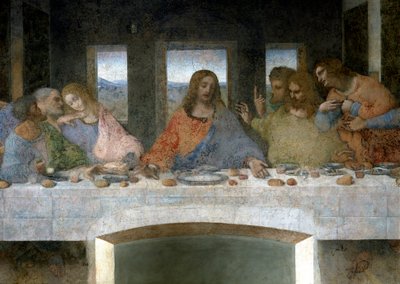 A Cene (Il Cenacolo (Ultima Cena)) részlete, amely a bal oldalon Júdás apósait, Pétert és Jánost, középen Krisztust, valamint Tamás apolokat, őrnagy Jakabot és Fülöpöt ábrázolja. A János és Krisztus közötti V betű a Grál kelyhére vagy th alkotó: Leonardo da Vinci
