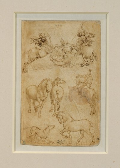Két lovas harcol egy sárkánnyal; egy lovas és két ló; egy kutya és egy ló ... alkotó: Leonardo da Vinci
