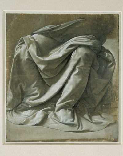 Drapéria egy ülő alakhoz, ecset és szürke tempera, fehér kiemelések szürke vászonra, előkészített vászon ... alkotó: Leonardo da Vinci