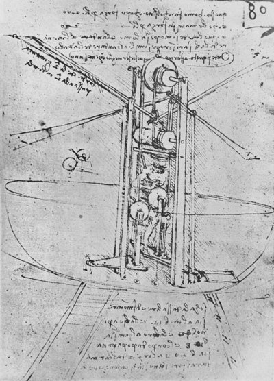 Rajz egy repülő gépről egy emberrel, aki üzemelteti, c1480 1945 alkotó: Leonardo da Vinci