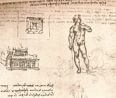 Rajz egy kastély terveiről és egy meztelen figuráról, indiai tintával mosva, c1472-c1519 1883 alkotó: Leonardo da Vinci
