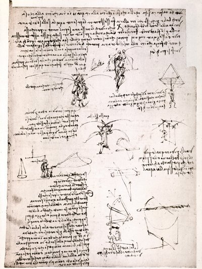 Kivonat egy Da Vinci-kéziratból: Eredeti kézirat, amely leírja az "ejtőernyő" elvét és felépítését (kézirat). alkotó: Leonardo da Vinci