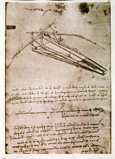 Kivonat egy Da Vinci-kéziratból, amely a "repülő gép" elvét és felépítését írja le (kézirat). alkotó: Leonardo da Vinci