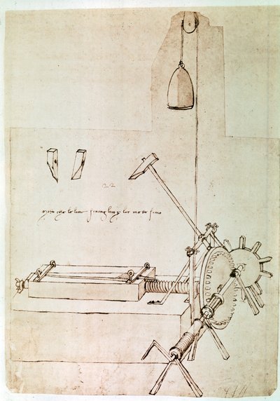 Kivonat egy Da Vinci-kéziratból, amely leírja egy "Fájlok behúzására szolgáló gép" elvét és felépítését (kézirat). alkotó: Leonardo da Vinci