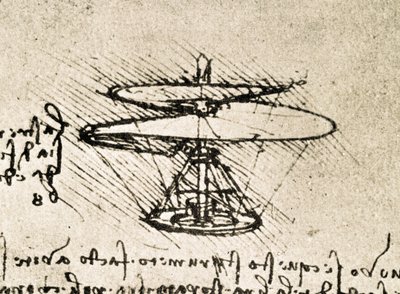 Kivonat egy Da Vinci-kéziratból, amely a "Légi csavar (helikopter)" elvét és felépítését írja le (kézirat). alkotó: Leonardo da Vinci