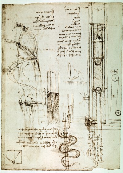 Kivonat egy Da Vinci-kéziratból, amely leírja a "cölöpverő (cölöpkalapács)" elvét és felépítését (kézirat). alkotó: Leonardo da Vinci
