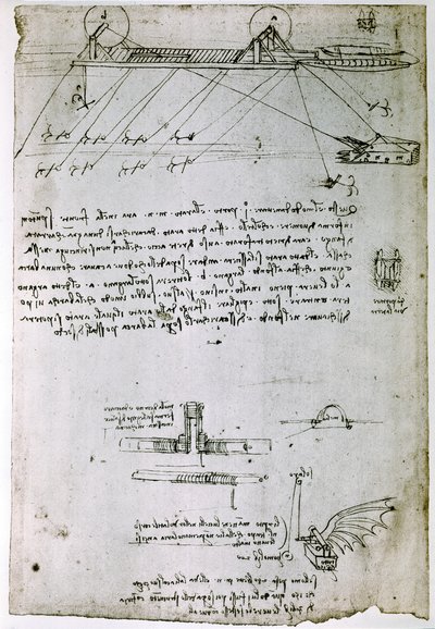 Kivonat egy Da Vinci-kéziratból, amely egy "tengeri kotrógép" elvét és felépítését írja le (kézirat). alkotó: Leonardo da Vinci
