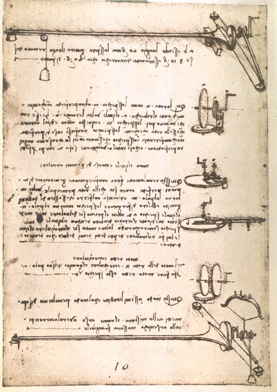 Kivonat egy Da Vinci-kéziratból, amely egy "Üreges tükrök gyártására szolgáló gép" elvét és felépítését írja le (kézirat). alkotó: Leonardo da Vinci