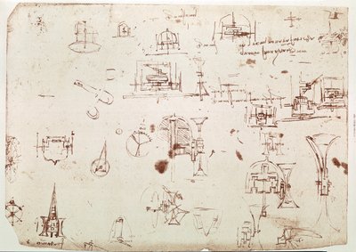 Kivonat egy Da Vinci-kéziratból, amely egy "Kerekek által meghajtott csónak" elvét és felépítését írja le (kézirat). alkotó: Leonardo da Vinci