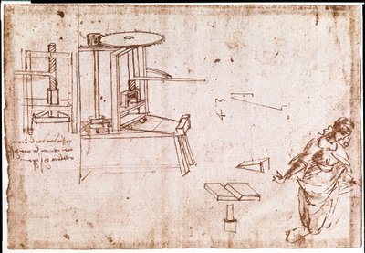 Kivonat egy Da Vinci-kéziratból, amely a nyomtatáshoz használt "présgép" elvét és felépítését írja le (kézirat). alkotó: Leonardo da Vinci