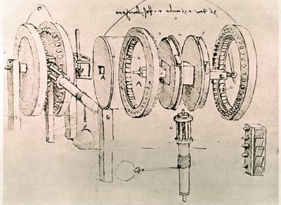 Kivonat egy Da Vinci-kéziratból, amely a "Váltakozó mozgás folyamatos mozgássá alakítása" elvét és felépítését írja le (kézirat). alkotó: Leonardo da Vinci