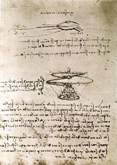 Kivonat egy Da Vinci-kéziratból, amely a "Légi csavar (helikopter)" elvét és felépítését írja le (kézirat). alkotó: Leonardo da Vinci