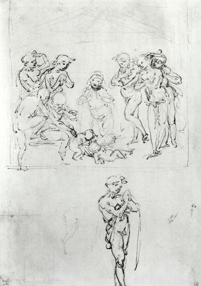 Figural Studies for the Adoration of the Magi, 1481 körül (toll, tinta és fémhegy papíron) alkotó: Leonardo da Vinci