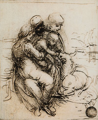 Első ötlet a Madonna és a Gyermek és a Szent Anna számára; Leonardo da Vinci rajza. Gallerie dell