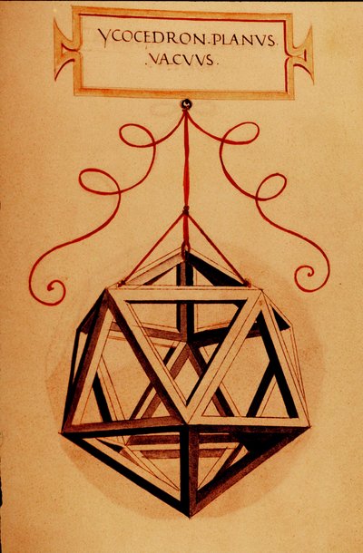 Geometria: "" Egy ikozaéder"" Az oldal a "" De divina ratione" (Az isteni arányokról) című kéziratból származik, Fra Luca Pacioli dit Luca di Borgo (1445-1517) matematikus, Leonardo da Vinci (1452-1519) illusztrálta. 1509. alkotó: Leonardo da Vinci